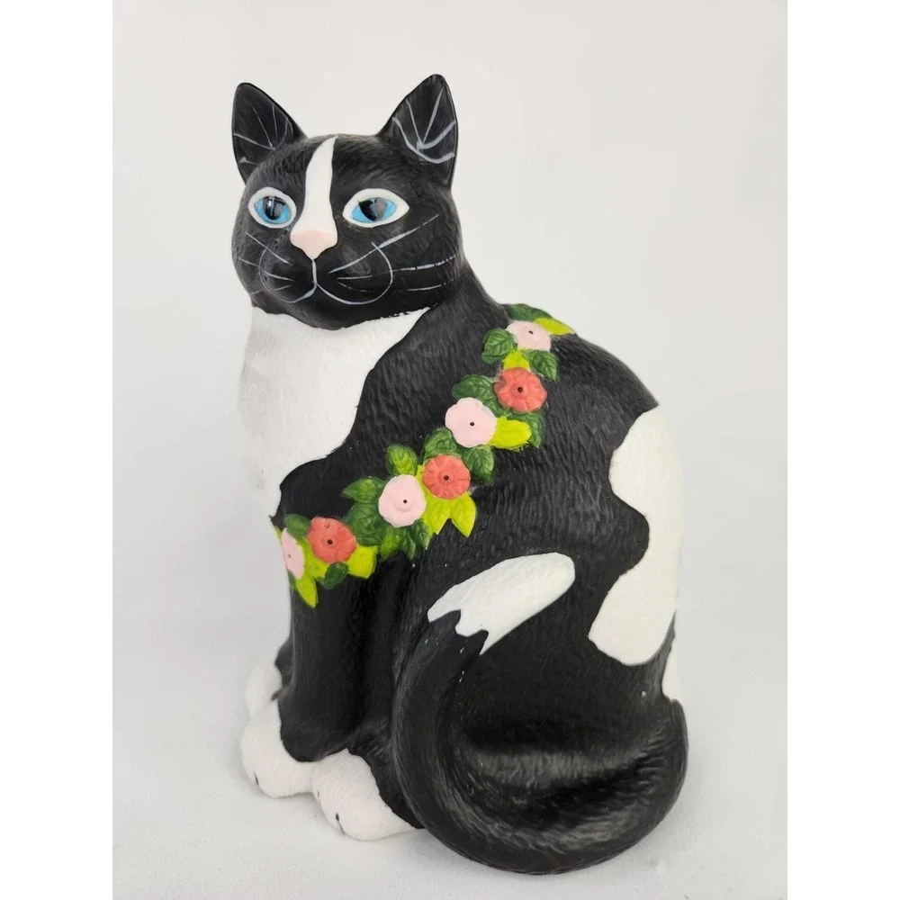 Vtg Mary Lake Thompson Black Cat Flowers Ceramic Silvestri Hawaiian Lei Gardener